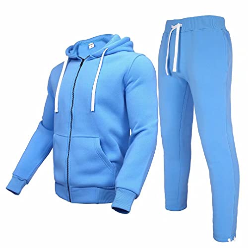 R RAMBLER 1985 Mens Tracksuit 2 pieces thick fleece Hoodie Sweatsuit set,full zip fashion solid color jogger suit running sports outwear(sky blue,L)