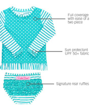 Load image into Gallery viewer, RuffleButts® Girls Periwinkle Seersucker Long Sleeve Rash Guard Bikini - 3T
