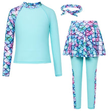 Charger l&#39;image dans la galerie, GRACE KARIN Girls Rash Guard Two Pieces Bathing Suit Long Sleeve Swimsuit Swimming Pants with Skirt Blue Mermaid 6Y
