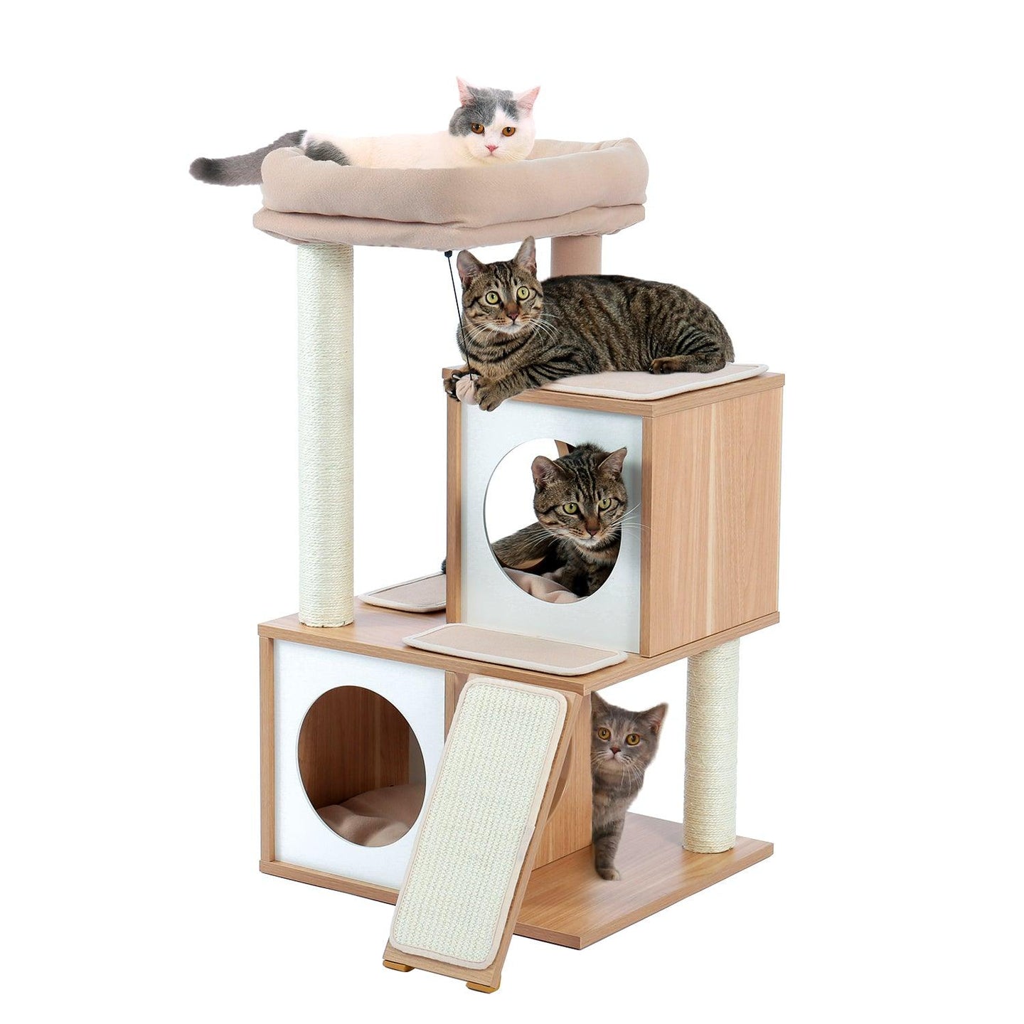 Cat Tree Wood Cool Sisal Scratching Post Kitten Furniture Plush Condo Playhouse with Dangling Toys Cats Activity Centre Beige - Curtis & Ivory