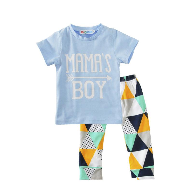 Children's Clothing Boy Suit Short-Sleeved T-Shirt Blue Letter Arrow Geometric Pants Baby Two-Piece Suit - Curtis & Ivory