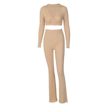 Load image into Gallery viewer, Solid Color V-Neck Long-Sleeve Top Micro-Flare Pants Two-Piece Set - Curtis &amp; Ivory
