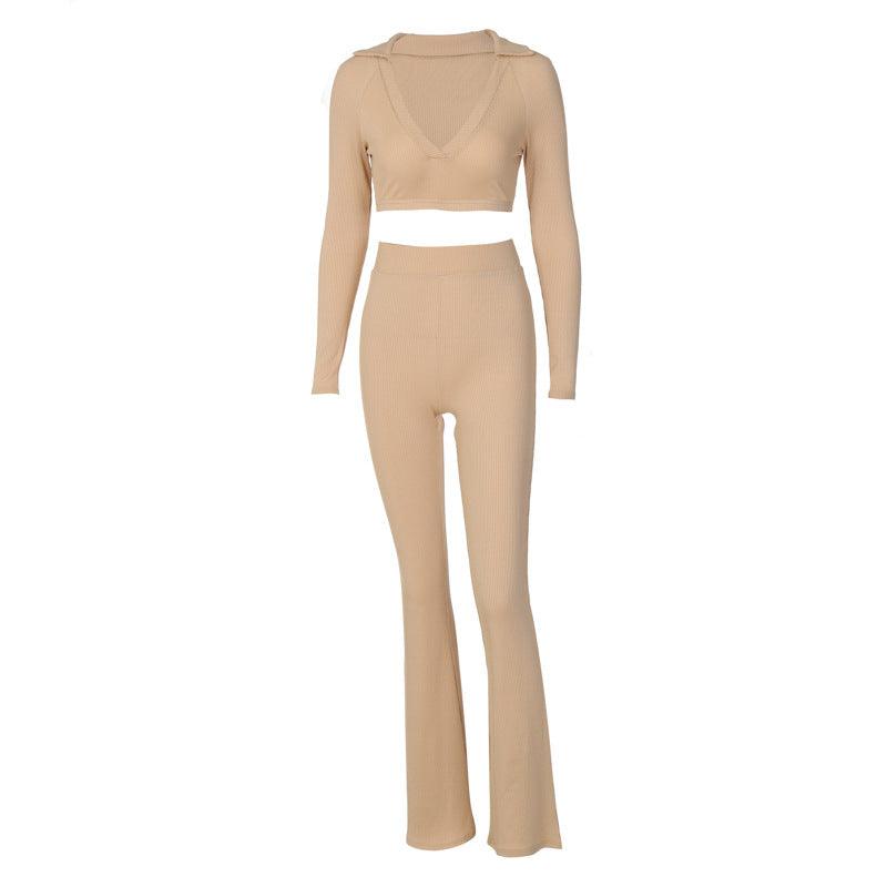 Solid Color V-Neck Long-Sleeve Top Micro-Flare Pants Two-Piece Set - Curtis & Ivory