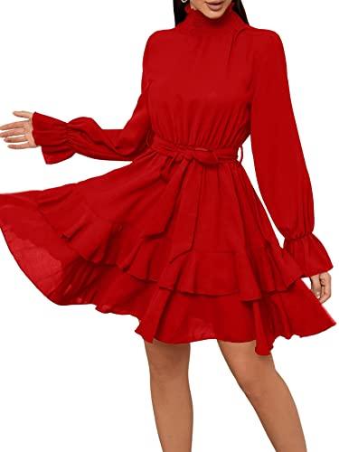 SweatyRocks Women's Elegant High Neck Flounce Sleeve High Waist Ruffle Belted Party Mini Dress Red M - Curtis & Ivory