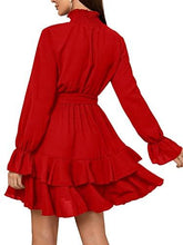 Cargar imagen en el visor de la galería, SweatyRocks Women&#39;s Elegant High Neck Flounce Sleeve High Waist Ruffle Belted Party Mini Dress Red M - Curtis &amp; Ivory

