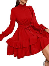 Cargar imagen en el visor de la galería, SweatyRocks Women&#39;s Elegant High Neck Flounce Sleeve High Waist Ruffle Belted Party Mini Dress Red M - Curtis &amp; Ivory
