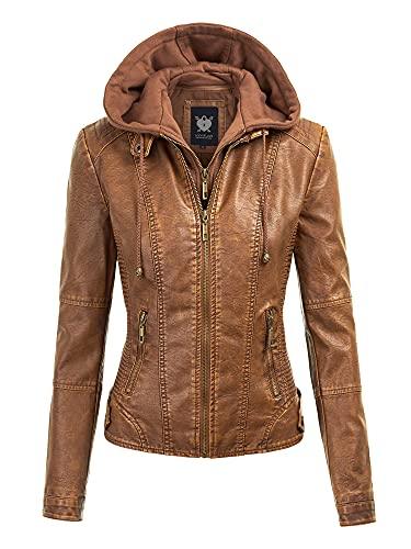 Women Faux Leather Quilted Motorcycle Jacket with Hoodie L CAMEL - Curtis & Ivory